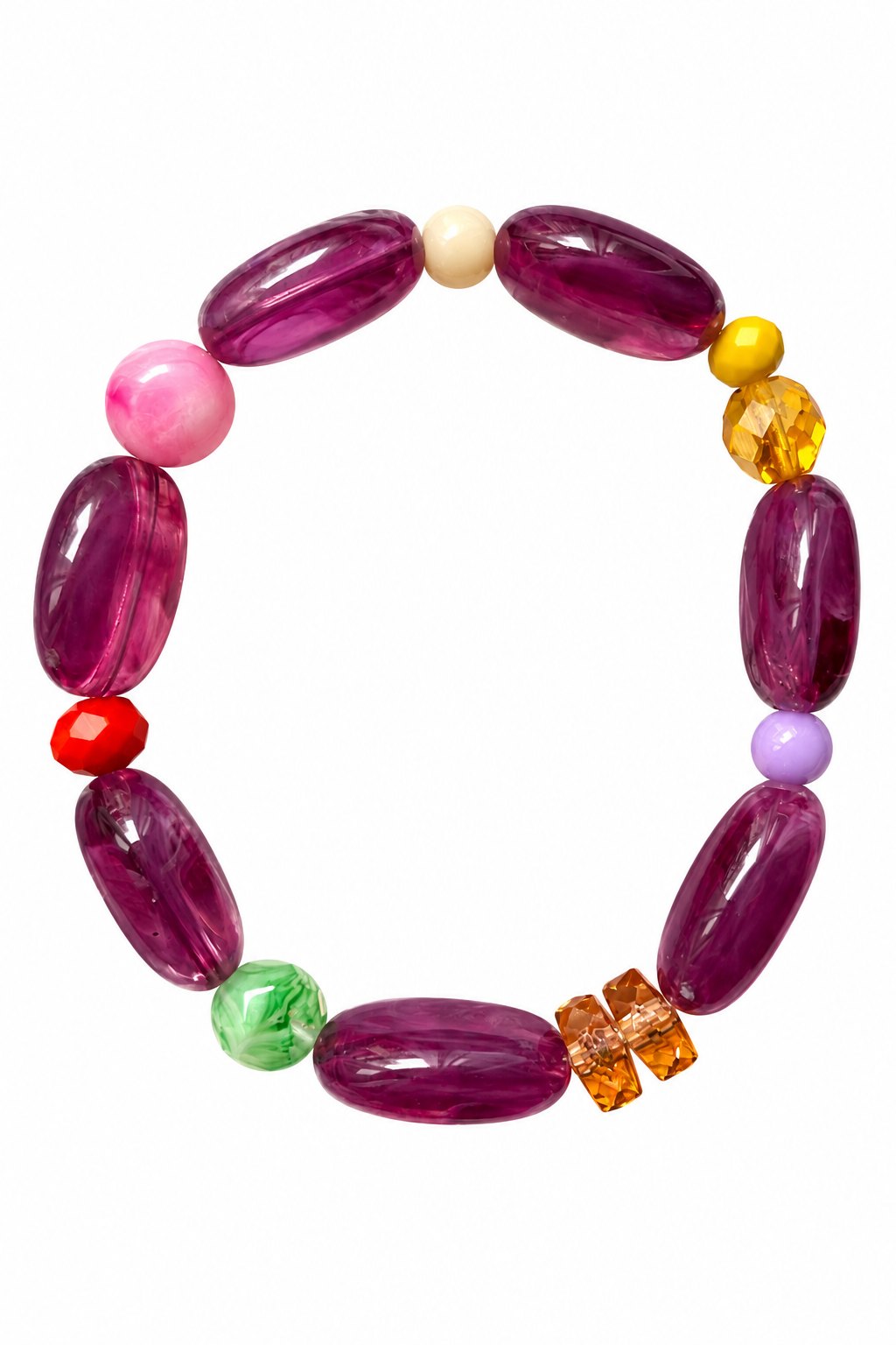 Bracelet élastique en perles vintage n°8, perles violet prune et petites perles colorées, tenu en main